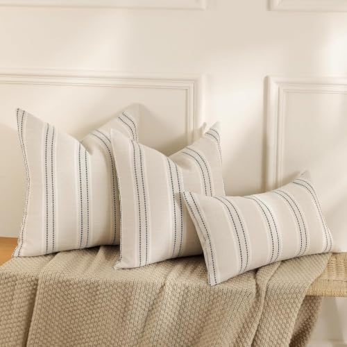 Image of Hckot Stripe Throw Pillow Covers 26x26 Large Square Grey Pillow Covers | Farmhouse Decorative Pillows Textured Linen Euro Sham Cushion Covers for Sofa Couch Bed Living Room Decor