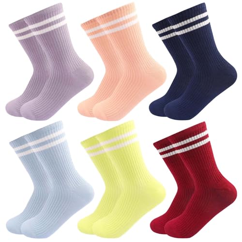 Image of 6 Pairs Solid Color Retro Striped Crew Socks for Women Girls