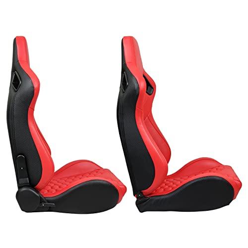 Image of IKON MOTORSPORTS, Universal Racing Seats with Dual Sliders, Reclinable Brown PU + Carbon Leather with Hexagonal Quilting Sport Bucket Seats, 1 Pair Driver + Passenger Side