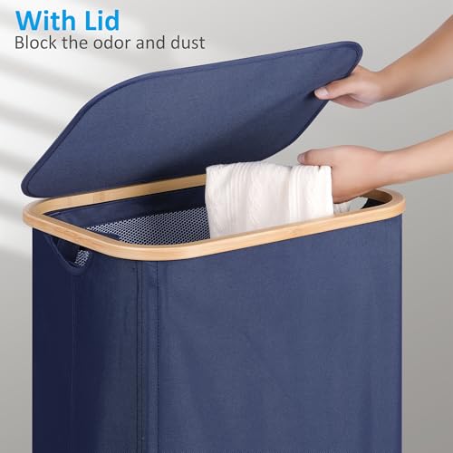 Image of efluky Laundry Basket with Wheels, Tall Rolling Laundry Hamper with Lid and Removable Bag, Aesthetic Dirty Clothes Hamper on Wheels for Laundry Room, Bedroom, Dorm and Bathroom, 100L Blue