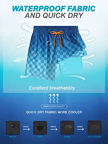 Silkworld Men's Bathing Suits 2 In 1 Swim Trunks Short Quick Dry Swimwear Stretchy Swim Suits With Boxer Brief Liner And Zipper Pockets,Blue Plaid,Large #TOP4