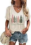 Women's Merry Christmas Colorful Tree V-Neck T-Shirt Funny Xmas Tree Graphic Short Sleeve Shirt Holiday Family Tops(XL,Beige-tree02)