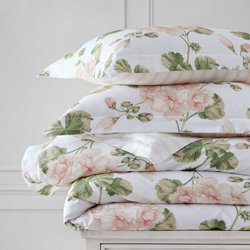 Image of Martha Stewart - Queen Comforter Set, 100% Silky Smooth Cotton Sateen Floral Bedding for Year Round Comfort, 3 Piece Bed Set with Matching Pillowcases (Geranium Bloom Pink)