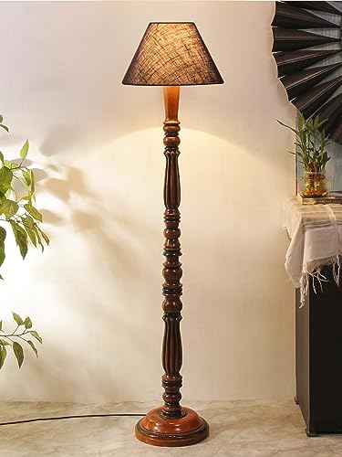 Image of Blue Jute Shade Wooden Floor Lamp with Wooden Base, Height - 53 Inches | Contemporary Standing Lamp for Living Room, Bedroom & Office | Elegant Lighting for Stylish Home Interiors