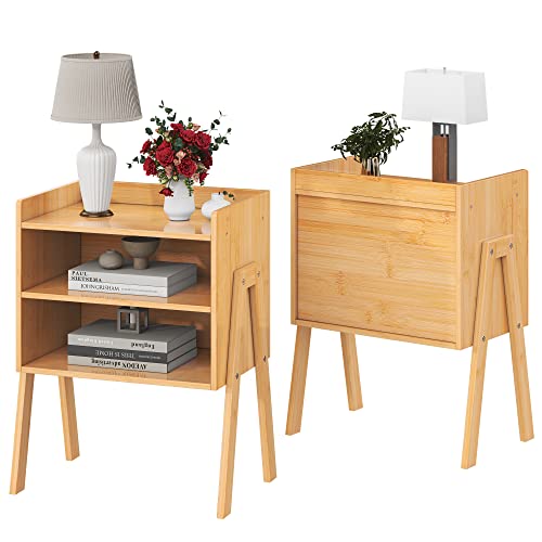 Bigbiglife Bamboo Nightstands Set Of 2, Stackable Bedside Tables With 2-Tier Open Storage Compartments, Modern Side Table, End Table With Solid Bamboo Legs For Bedroom - Easy To Assemble, 2 Pack #TOP7