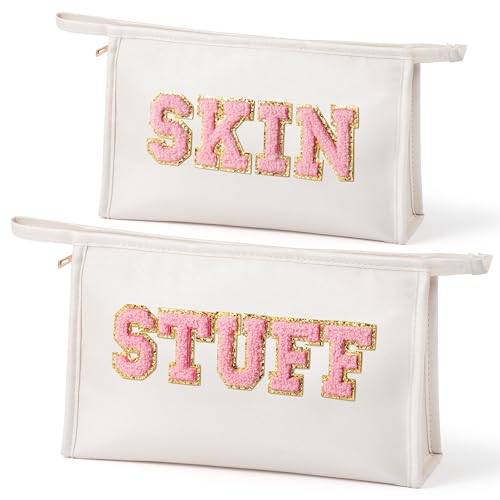 Y1tvei Bolsa de viagem com zíper e letras de chenille para viagem, bolsa de maquiagem de couro PU, bolsa plana organizadora de viagem para mulheres, Branco, Pele rosa + material branco