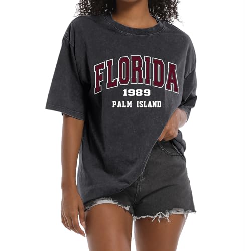 Image of Florida Beach Hawaiian T Shirts for Women Vintage Graphic Tees Acid Wash Oversized Tshirt Summer Cotton Tops