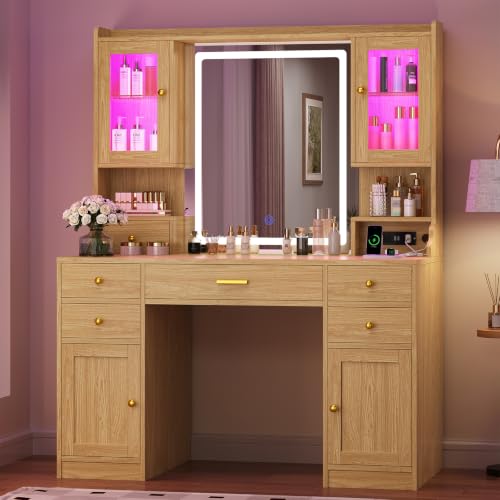 Image of CSZZD Makeup Vanity Desk with Mirror and Lights, Large Vanity Table Set with Charging Station, Dressing Table with RGB Cabinets & 6 Drawers, Wood Vanity Mirror with Light Desk with Storage Shelves