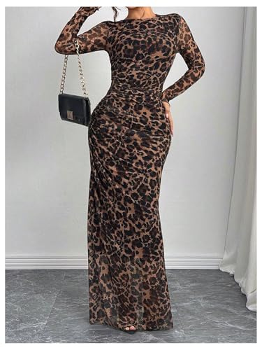 Women's Y2k Leopard Print Fitted Mesh Sheer Bodycon Dress Cheetah Long Sleeve Crew Neck Maxi Dress3