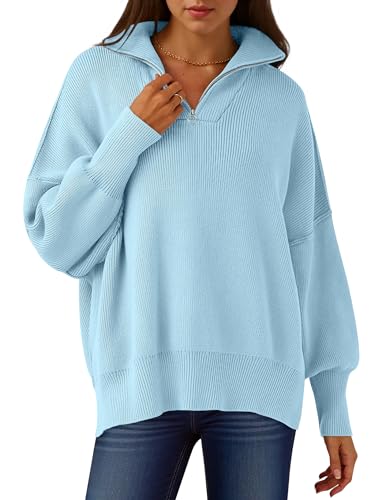 Image of ANRABESS Womens Oversized Quarter Zip Pullover Sweaters | Fall Fashion Outfits, Long Sleeve Slit Side, Baggy Loose Fit, 1 /4 Zip Lapel Collared, Ribbed Knit Soft Warm Winter Clothing