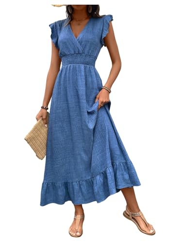 GORGLITTER Women's Summer Flowy Maxi Dresses Wrap V Neck Ruffle Cap Sleeve Smocked Beach Vacation Dress Blue Medium