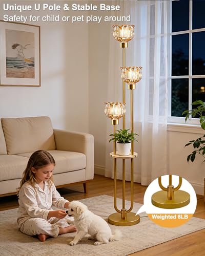 Image of Lightdot Glass Floor Lamp for Living Room 3-Lights Modern Gold Floor Lamp with Amber Glass Shade 3000K Bulbs Included Unique Tall Standing Lamp with 5Lb Heavy Base for Bedroom /Sofa Beside /Corner Decor
