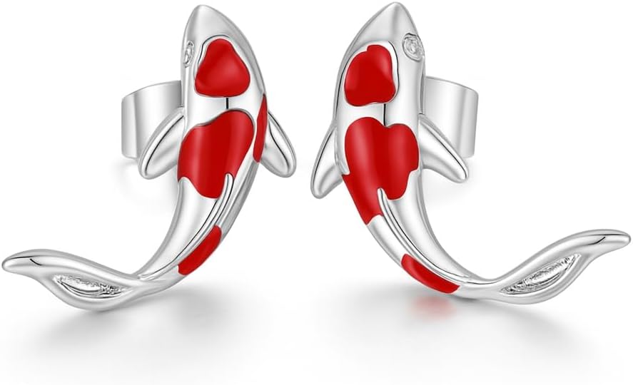 Stainless Steel Koi Fish Ring and Earrings Set with Red Enamel, Japanese Style - Koi Fish Jewelry Gift