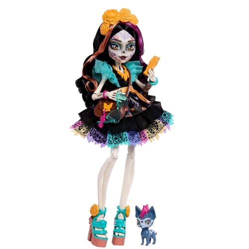 Monster High Poupée Skelita Calaveras avec robe colorée en papel picado avec chien de compagnie...