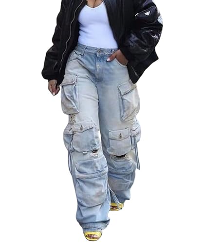 Sexyshine Women's High Waist Cargo Jeans Pants Y2K Baggy Loose Distressed Ripped Long Denim Pants with Multi Pockets2