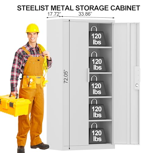 Image of Metal File Cabinet, Office Organizer with Doors and Shelves, 72.05 inch H White Storage Cabinet for Home Office, School, Heavy Duty Locker for File Supplies