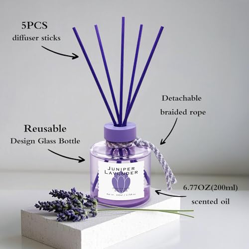 BEHAZEER Juniper Lavender Reed Diffuser, 6.77OZ/200ML Large Capacity Natural Non-Toxic Oil, Long-Lasting Fragrance Reed Diffusers Set for Home and Bathroom, Aroma with 5 Reed Diffuser Sticks