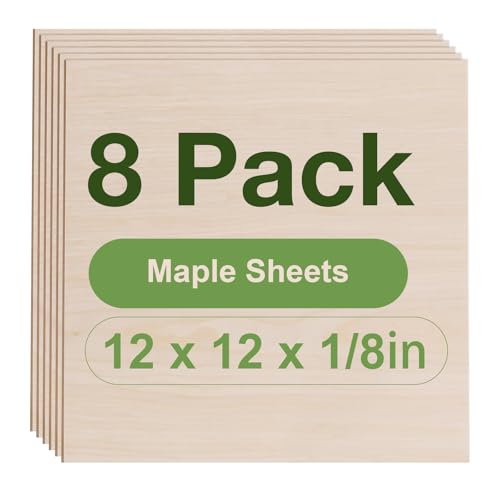 Rowood 8 Pack Maple Plywood 1/8,12x12x1/8inch,3mm Wood Sheets Thin Unfinished Maple Plywood for Laser Cutting and Engraving,DIY Adult Craft Project Kits for Ornaments, Models Drawing,Wood Burning