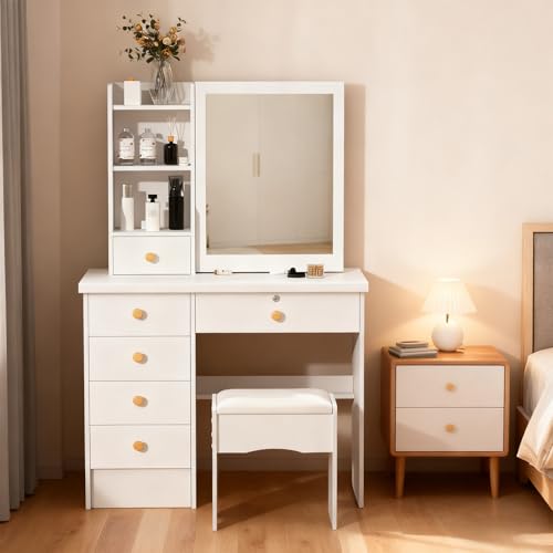 Générique Coiffeuse avec Miroir et Tabouret, Coiffeuse avec Miroir Coulissant, 6 Tiroirs, Étagères Ouvertes et Espace de Rangement Caché, Coifeuse pour...