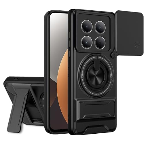 Image of AESTMO Redmi Note 15 Pro 5G Back Cover | Armor Camera Slider 360 Degree Rotating Finger Ring Holder Case with Bracket Stand Back Case Cover (Compatible with MagSafe Accessories) (Black)