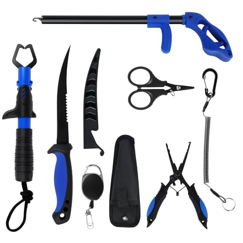 RAWILL Fishing Kit,Fishing Pliers with Lanyard,Fillet Knife,Fish Lip Gripper,Hook Remover, Scissors with Bungee Cords,As A Gift for Anglers-Blue