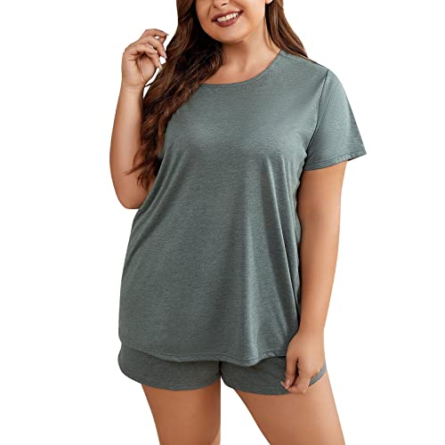 Conjunto de Piezas de Manga Corta con Cuello de Color Liso para Mujer de Talla Grande de Verano Pijamas Mujer otoño (Green, XXXXL)