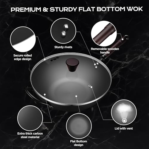 Image of FGJ Wok, 13 Inch Carbon Steel Wok Pan Set 6PCS & Stir-fry Pans Nonstick, Pre-Seasoned 5.8QT Flat Bottom Chinese Woks Paella Pan Set, Carbon Steel Cookware, Compatible with All Cooktops