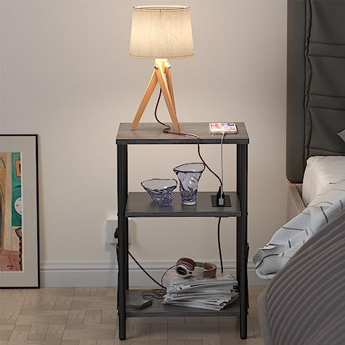 Yusong Small Side Table With Charging Station, Slim End Table For Narrow Space In Living Room,3 Tier Skinny Nightstand Bedside Table With Usb Ports & Outlets For Bedroom, Grey #TOP2