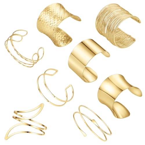 CASDAN 8PCS Arm Cuff Jewelry for Women Gold Upper Arm Cuff Bangle Band Armlet Adjustable Arm Gold Cuff Bracelets Set