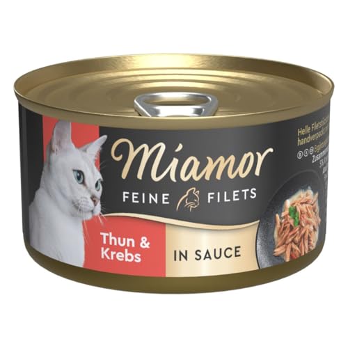 Miamor - Feine Filets in Sauce | Nassfutter für ausgewachsene Katzen mit Filetstückchen in Sauce. Fettarmes Ergänzungsfutter in der Dose ohne künstliche Zusätze | 24x85g Thun & Krebs