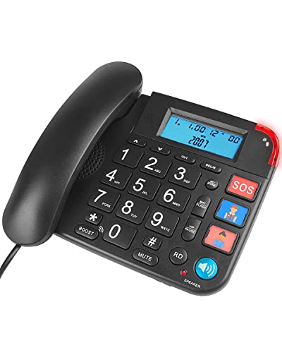 Maxesla Big Button Landline Telephone with Speaker, House Phone Ringer Volume and Speakerphone Volume Adjustable, Multifunctional Home Phone Corded Telephone for Seniors with Display, Alarm, Black