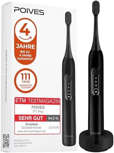 Schallzahnbürste Testsieger 2026* POIVES P1 Pro Ultraschall, Onyx Black | Bestnote SEHR GUT**, 4 Jahre Garantie & 111 Tage Risikofrei testen***, Elektrische Zahnbürste mit Drucksen