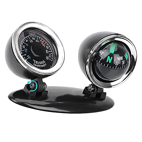 Machswon Adjustable Vehicle Mount Dashboard Compass 2 In 1 Car Thermometer Compass Navigation/Direction Guide Ball Black With Adhesive For Marine Boat Car Truck #TOP5