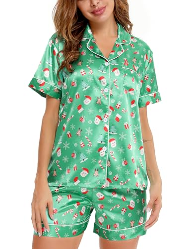 Image of LecGee Womens Silk Satin Pajamas Short Sleeve Loungewear Two-Piece Sleepwear Button-Down Pj Set
