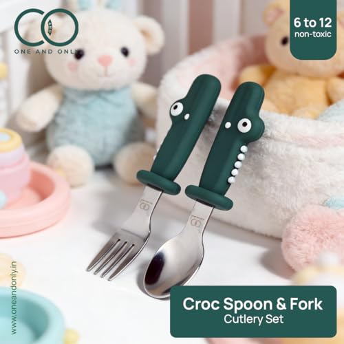 Image of Baby Spoon and Fork Set, Green Stainless Steel & Silicone Toddler Cutlery Set with Dinosaur Case, 2 Pc, Self Feeding Utensils for Baby Meals School and Travel, Mealtime Essential