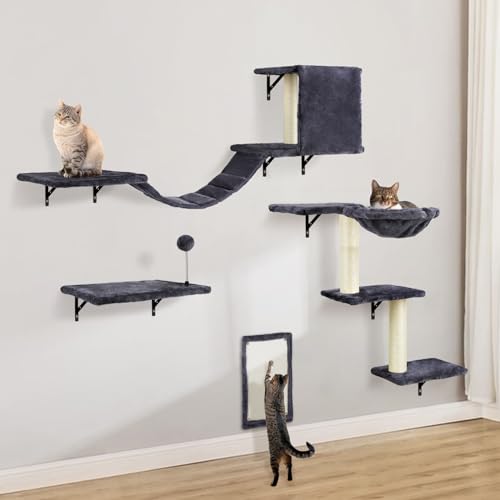 Katzen kletterwand Set mit Katzenbaum Hängematte,Katzenhöhle Wand,Katzenbrücke,Kratzbrett und Kratzbaum - 4-Teiliges Holz Katzenmöbel für Katzen...