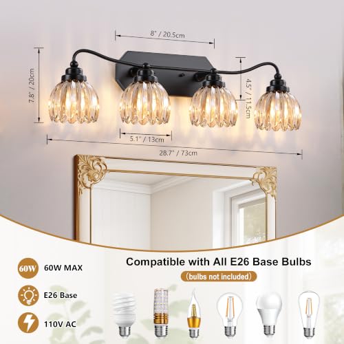Image of Vintage Vanity Lights, 4‑Light Antique Matte Black Finish | Amber Tulip Crystal Bathroom Light Fixtures, Mid‑Century Style, Bathroom Lighting Over Mirror for Bedroom, Easy to Install