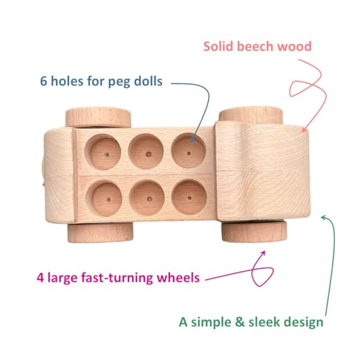 Image of My Felt Story Wooden Peg Doll Car | 6 Seat Passenger Play Vehicle Gift for Toddlers | Montessori Preschool Natural Wood Toy