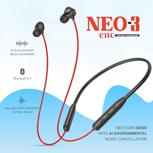 Image of Walta NEO 3 Bluetooth Neckband (in-Ear) with ENC, 45H Playback, Bluetooth 5.4, Type-C Quick Charge & Powerful Bass - Red Color