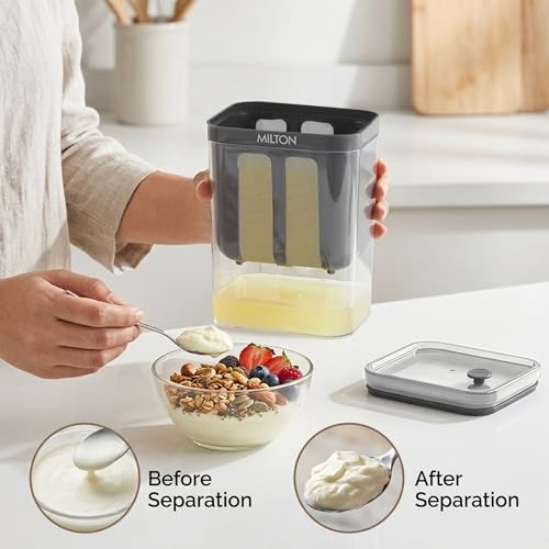 Image of MILTON 2 in 1 Greek Yogurt & Hung Curd Maker with Fine Mesh Strainer & Lid | Whey Separator | Hung Curd Strainer Box | for Homemade Yogurt, Curd, Paneer, Cheese & More | 1100ml | Grey