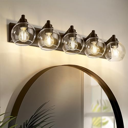 Image of 5-Light Bathroom Vanity Light, Oil Rubbed Bronze, Clear Globe Glass | 32 inch ORB vanity light for 42-54 inches mirrors, clear globe glass shades, E26 base, hardwired, up /down mount, VL195-ORB-5