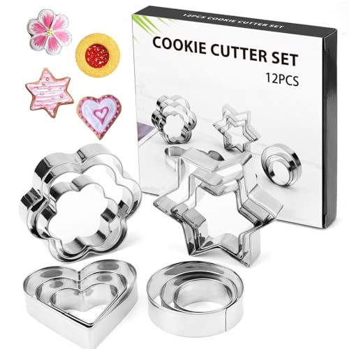 Cookie Cutters Shapes Baking Set, 12PCS Biscuit Cutters, Biscuit Stainless Steel Metal Molds Cutters, Stainless Steel Heart Circle Flower Star Shaped Cookie Cutters for Baking