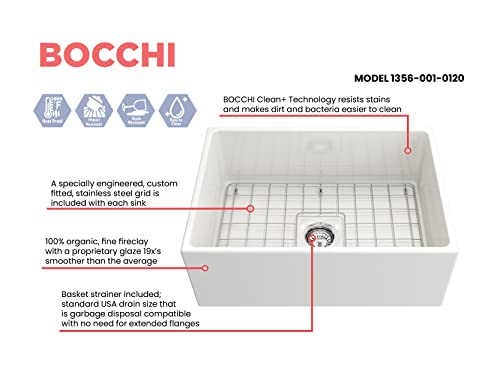 Bocchi Contempo Farmhouse Apron Front Fireclay 27 In. Single Bowl Kitchen Sink With Protective Bottom Grid And Strainer In White #TOP2