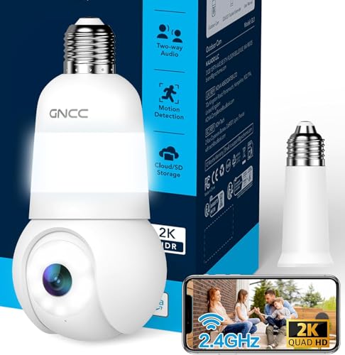 GNCC Ampoule Camera Surveillance WiFi Extérieure sans Fil, Douille E27 Uniquement, 2K 355° PTZ Caméra Interieure, Vision Nocturne Couleur, AI Détection, 24/7, Abonnement Cloud/Micro-SD, 2,4GHz WiFi