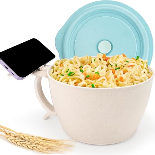 Microwave Ramen Bowl Set, Noodle Bowl With Phone Stand, Large Wheat Straw Soup Mug Bowl with Lid Handle, Dishwasher Safe Ramen Instant Noodles Cooker for College Dorm Room Apartment Essentials,40 oz