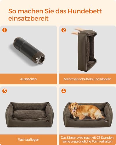 Feandrea Hundebett, Hundekissen in Leinenoptik, Hundekorb, erhöhte Ränder, rutschfeste Unterseite, Bezug abnehmbar waschbar, XL, für große Hunde, 110 x 75 x 27 cm, braun PGW12CC