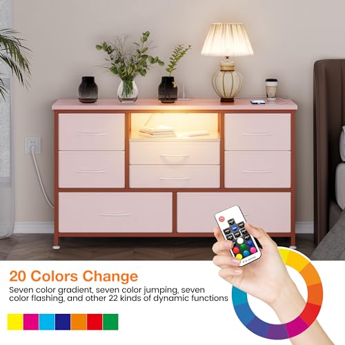 Jojoka 8-Drawer LED Dresser TV Stand with Power Outlet for 55'' TV - Wide Storage Chest for Bedroom, Living Room & Entryway, Wood Top Console Table with 22 Light Modes