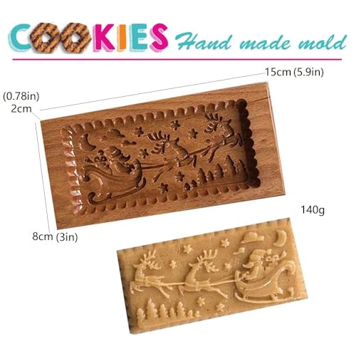 Wooden Cookie Mold Christmas Wooden Baking Mold- Santa Claus Deer Sled Shape Cake Fondant Press Stamp Embosser Cutter Cake Decor Christmas Carved Kitchen gadgets (Deer & Sled)