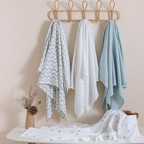 Image of POMISO Muslin Swaddle Blankets for Boys & Girls, Newborn Receiving Blankets, 4 Pack Soft Breathable Baby Swaddles, Large 47x47 Inches, Stars & Striped