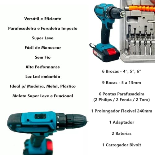 Parafusadeira E Furadeira Impacto Profissional Bateria Li-Ion 24V Sem Fio Com 2 Baterias Carregador